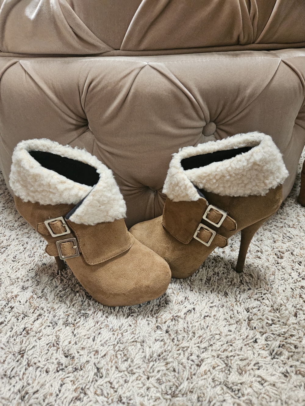 JustFab Tan Suede Shearling Cuff Buckle Ankle Booties
